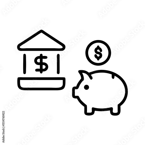 Simple line art icon representing a bank building and a piggy bank with a coin