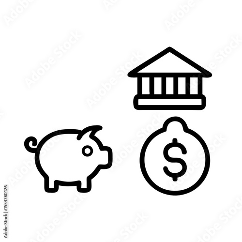 Financial icons including a piggy bank bank building and dollar coin