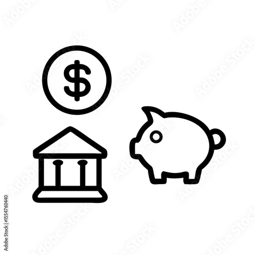 Financial icons depicting a dollar coin bank building and piggy bank