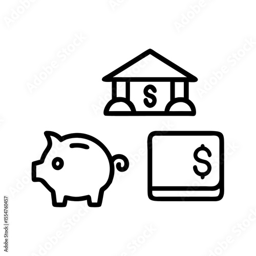 Financial icons including a piggy bank bank building and dollar bill