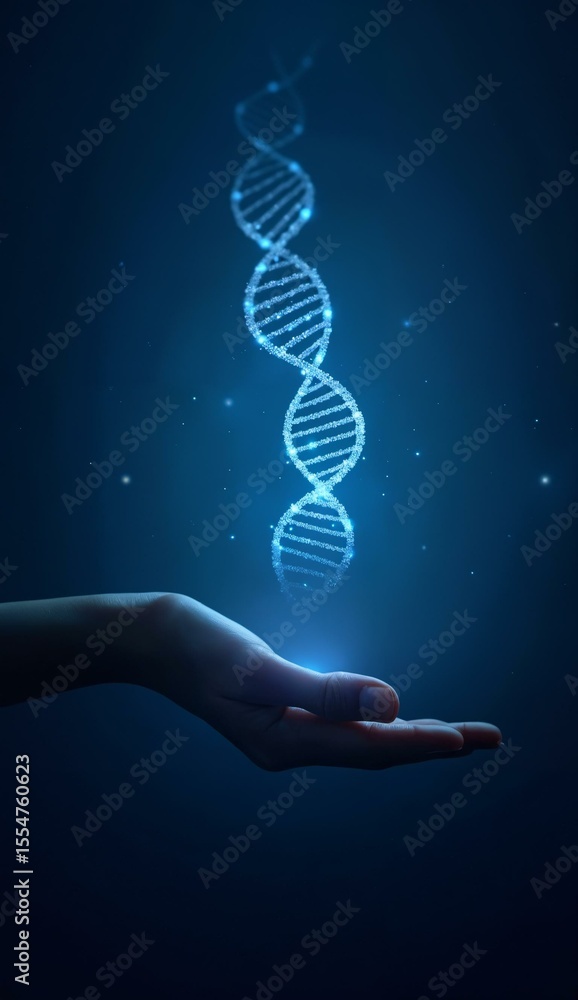 Obraz premium Hand presenting a glowing DNA double helix against a dark background