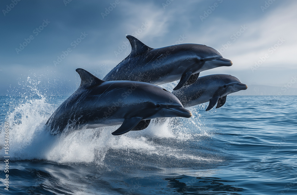 Fototapeta premium Three dolphins jumping out of the water in front of blue ocean waves