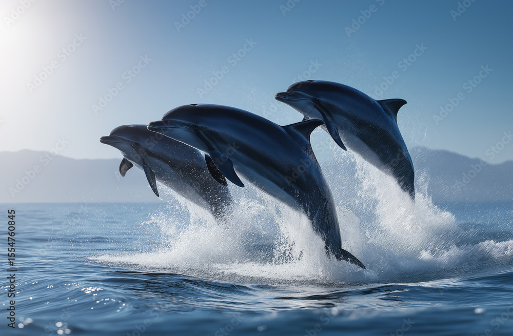 Fototapeta premium Three dolphins jumping out of the water in front of blue ocean waves