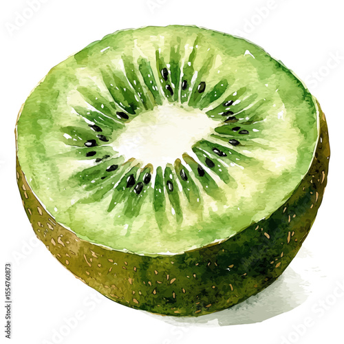 Green Fuzzy Fresh Kiwi, watercolor drawing vector, isolated on a white background.