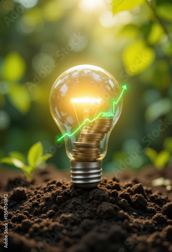Light bulb filled with coins and growth arrow on soil symbolizing green investment.
