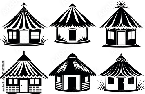 Collection of Black and White Stylized Huts with Varied Roof Designs