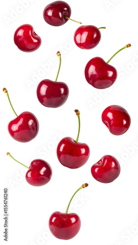 Fresh, juicy cherries falling against a transparent backdrop, perfect for food and beverage projects