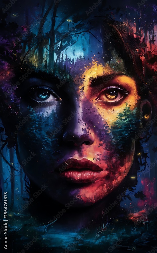 Fototapeta premium Mystical Woman Portrait with Forest and Colorful Abstract Paint Composition Art