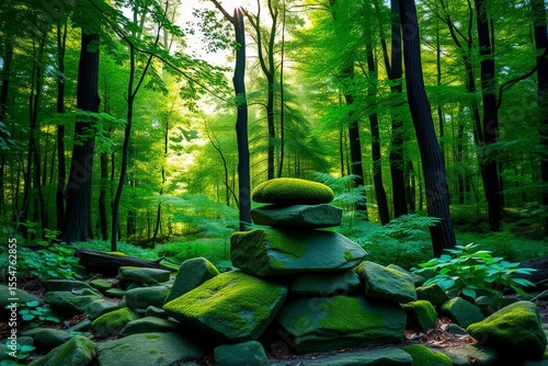 Serene Forest Stone Cairn Nature Photography Scenic Landscape Wall Art