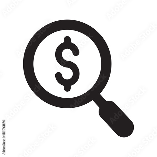 Financial analysis search icon with magnifying glass and dollar sign for auditing investment research and business performance investigation vector solid glyph icon