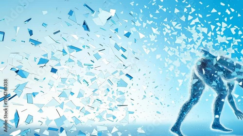 Fragmented human silhouette breaking into geometric blue fragments against bright blue background, representing psycological breakdown or metamorphosis