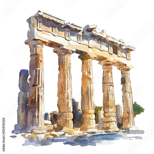 Greek Ruins, watercolor vector, isolated on a white background.