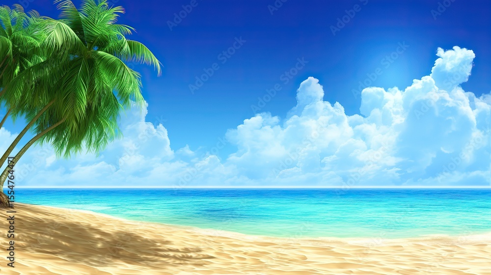 Fototapeta premium Tranquil beach scenery with clear turquoise waters, sand and palm trees swaying in the breeze under a clear blue sky. Perfect for summer vacation posters or travel ads.