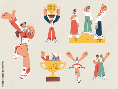 Victory gold trophy. Award medal set for winner. Concept happy young people hold cup prize, champions first place in sport and business competition. Successful team with goblet. Vector illustration