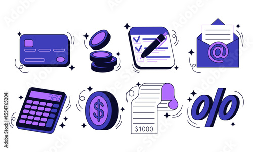 Finance icons. Banking element. Money symbols. Piggy bank. Invoice check. Credit card payment. Account calculator. Payment confirmation graphic. Letter envelope. Financial asset. Vector economic set