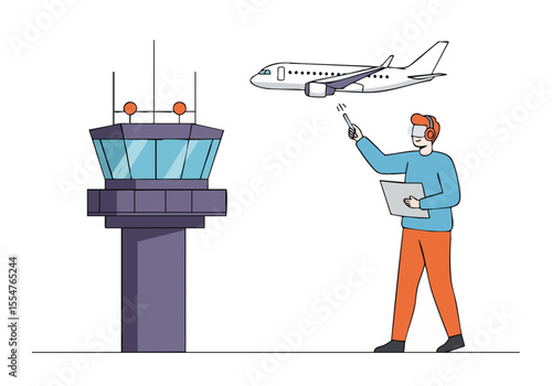 An airport controller monitors an aircraft with a tablet, showcasing modern air traffic management. Clear, professional illustration.