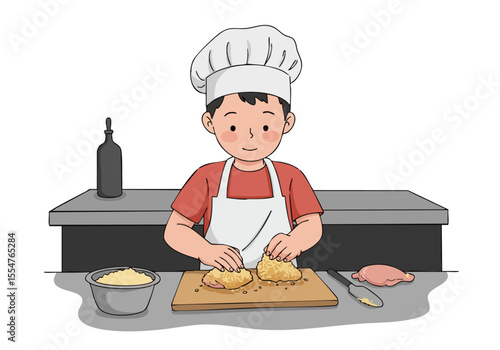 A young boy chef prepares chicken cutlets with a focused expression. He wears a white hat and apron, working on a wooden cutting board. A professional and inviting scene.