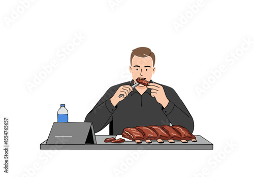 A man expertly tastes ribs, showcasing his skill. Professional setting with a sign and a large rack of ribs. Clean, modern illustration style.