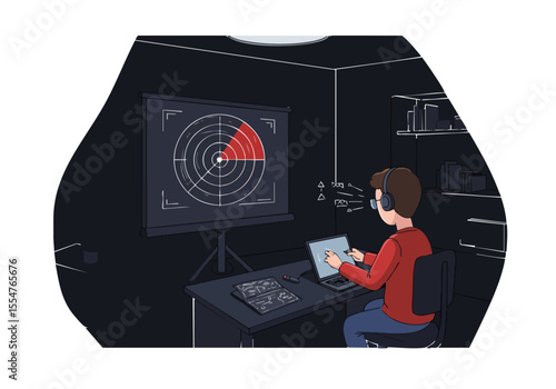 A young man intently analyzes a radar display on a laptop in a darkened room. Focused, professional, and utilizing technology. Suitable for tech, business, and digital concepts.