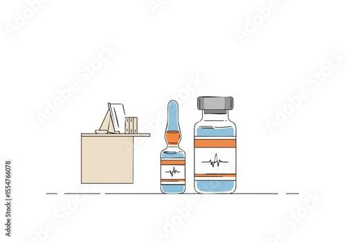A stylized graphic warns of Myocarditis risk. A medicine bottle with a heart monitor graphic sits on a desk with a warning label. Clean, modern illustration style.
