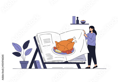 A woman reads a recipe book with a roasted chicken illustration, creating a warm, inviting kitchen scene.  Illustrative style, modern design.