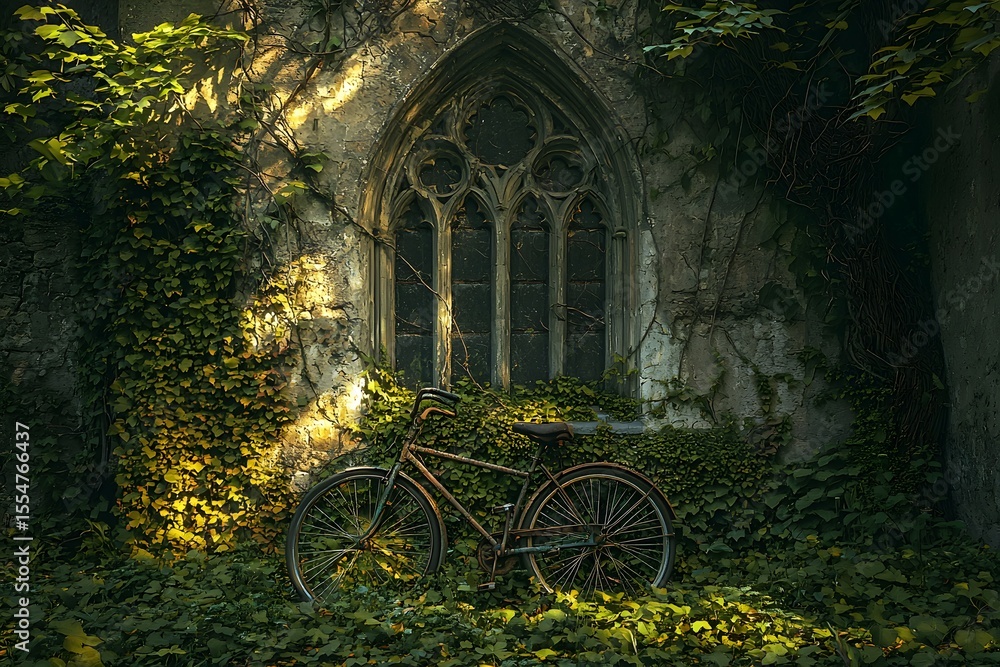 Fototapeta premium An old bicycle leaning against a crumbling stone wall, partially covered in autumn vines, bathed in warm sunlight