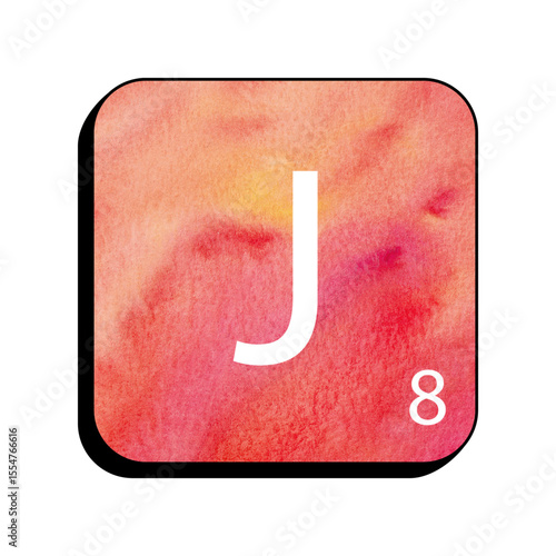 Letter 'J' tile in watercolor: A charming artistic tile, featuring a vibrant watercolor design, displays the letter "J" and a numerical value of "8".