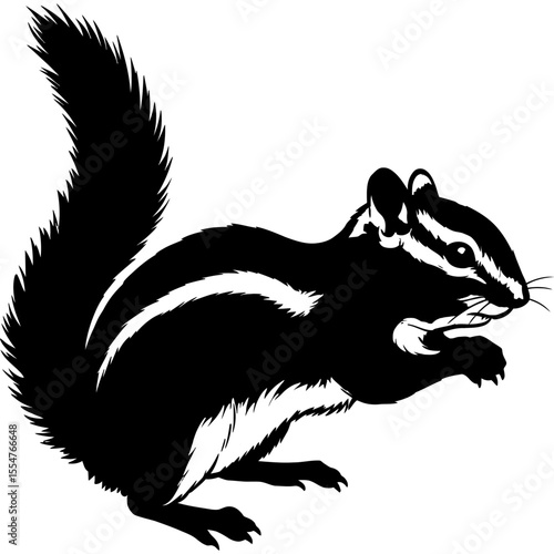Chipmunk Silhouette, A striking black and white illustration of a chipmunk in a dynamic pose. The design is clean and versatile for many purposes.