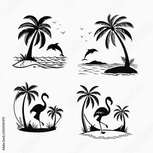 Tropical beach vector with palm tree silhouettes under the summer sun, a perfect island paradise illustration for your next vacation design.