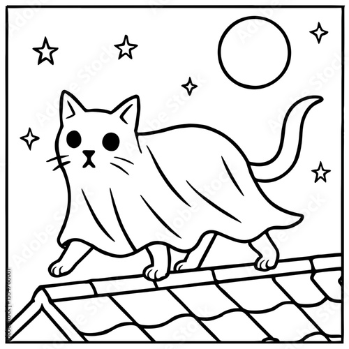 A spooky cat dressed as a ghost, walking on a roof under the night sky, perfect for Halloween celebrations. vector illustration coloring page