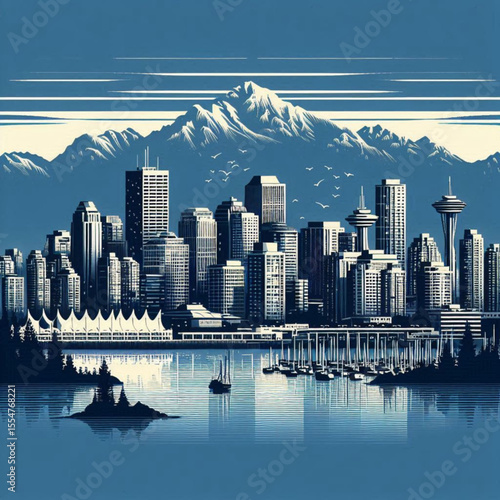 City skyline at dusk with mountains and water reflection  