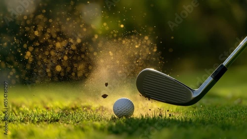 Golf club striking ball on green grass with sand flying  