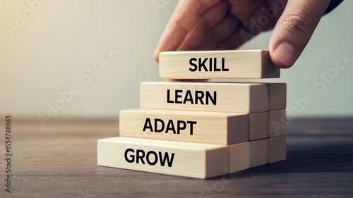 Upskilling and Reskilling through Learning, Growing and Adapting new Skills shown by wooden block
