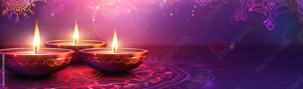 Vector flat illustration of traditional indian festival diwali background with glowing oil lamps on purple and red gradient color banner, space for text, mandala boho pattern in the background, Vector flat illustration of traditional indian festival diwali background with glowing oil lamps on purple and red gradient color banner, space for text, mandala boho pattern in the background,