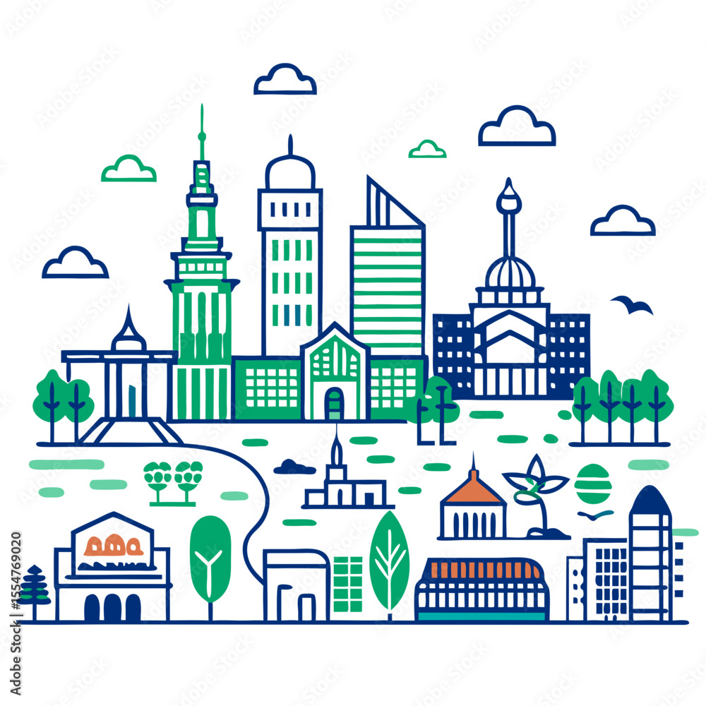Fototapeta premium City skyline illustration with green trees and buildings in blue