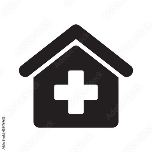 Home care service icon with a house and medical plus sign for hospital clinic real estate or adding a new health facility location vector solid glyph icon
