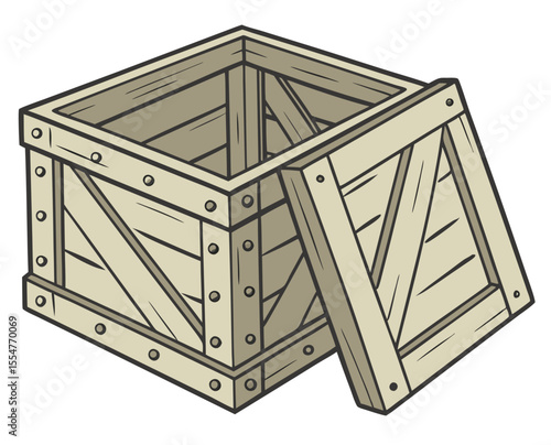 Wooden crate with open lid and reinforced corners in sketch style  