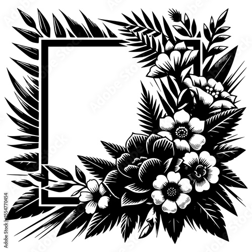 A bold black and white rectangular botanical frame with a mix of blooming flowers and sharp-edged leaves