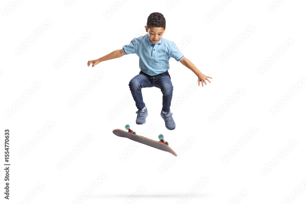 Kid riding a skateboard and performing a jump Kid riding a skateboard and performing a jump