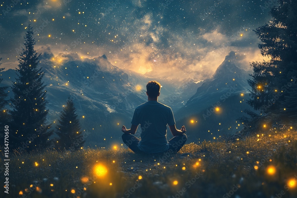 Man meditating in a meadow, mountain backdrop at night Man meditating in a meadow, mountain backdrop at night