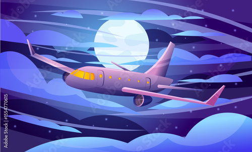 Cartoon plane at night. Jet engine in sky. Commercial cargo charter. Turbine through clouds. Airline tour. Twilight moon. Airliner fuselage. Speed journey transport. Vector travel garish illustration