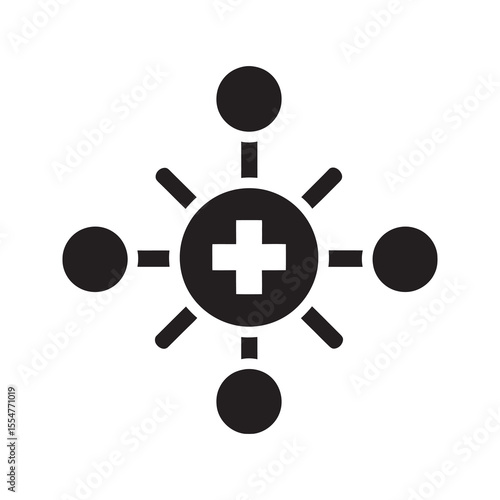 Medical network icon with a central hub and connected nodes representing a healthcare system hospital connection and health information exchange vector solid glyph icon