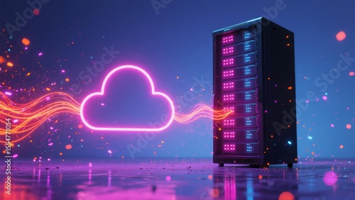 Cloud computing data transfer concept. Futuristic server rack connected to glowing cloud icon with digital network.