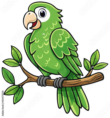 Green parrot sitting on a tree branch clipart illustration, isolated 