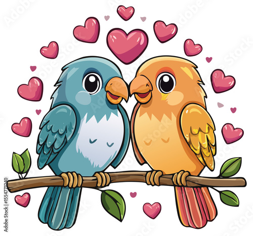 Two love birds on a branch surrounded by hearts clipart illustration, isolated 