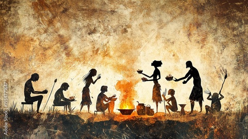 Silhouetted primitive figures gather around a fire, engaging in cooking and social activities, evoking ancient tribal life and communal traditions.