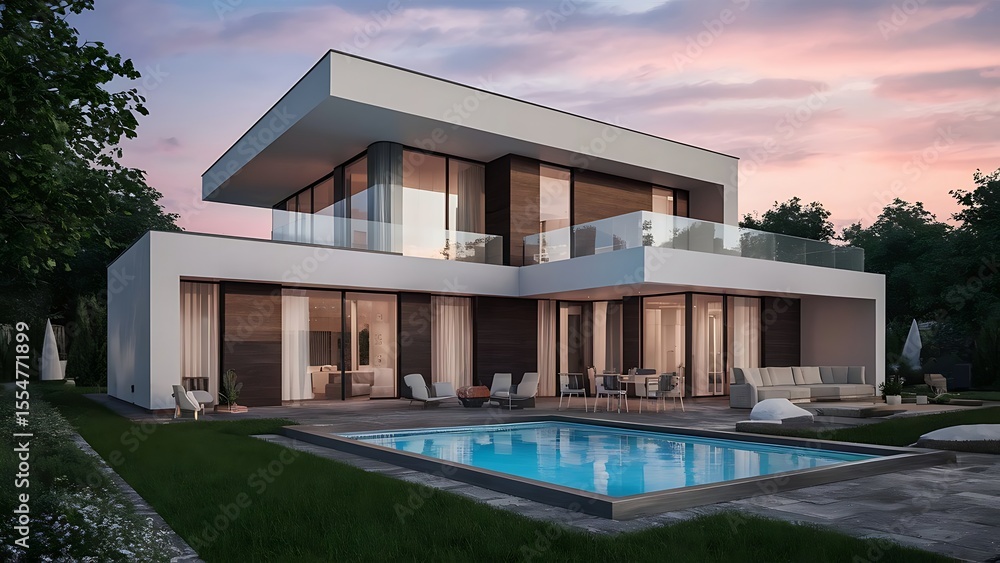 Fototapeta premium Contemporary luxury villa with swimming pool at sunset offers modern living