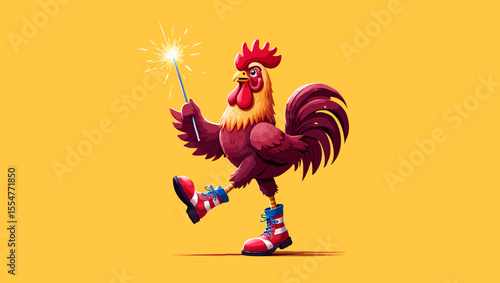 Vector art of rooster with sparkler celebrating fourth of july in boots