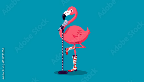 Vector art of pink flamingo sings into a microphone wearing striped boots
