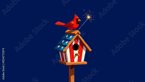 Vector art of cardinal with sparkler on patriotic birdhouse on blue background